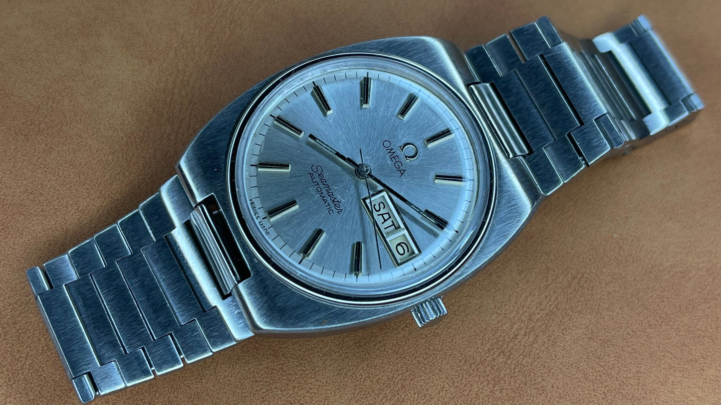 vintage 1970s omega seamaster silver day date dial gents automatic watch