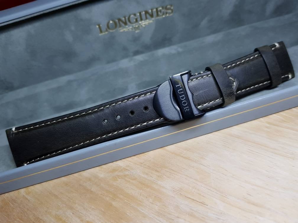 22mm tudor leather strap bracelet fits the Tudor Black Bay and also Heritage Chrono models with deployment black clasp new on sale on