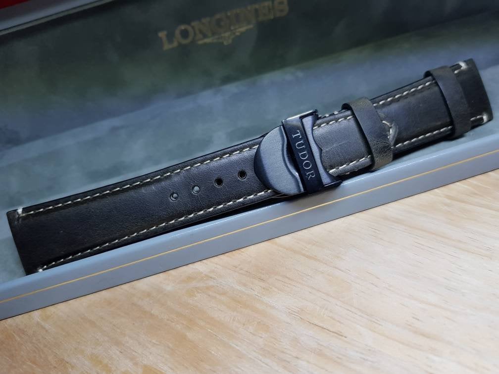 22mm tudor leather strap bracelet fits the Tudor Black Bay and also Heritage Chrono models with deployment black clasp new on sale on