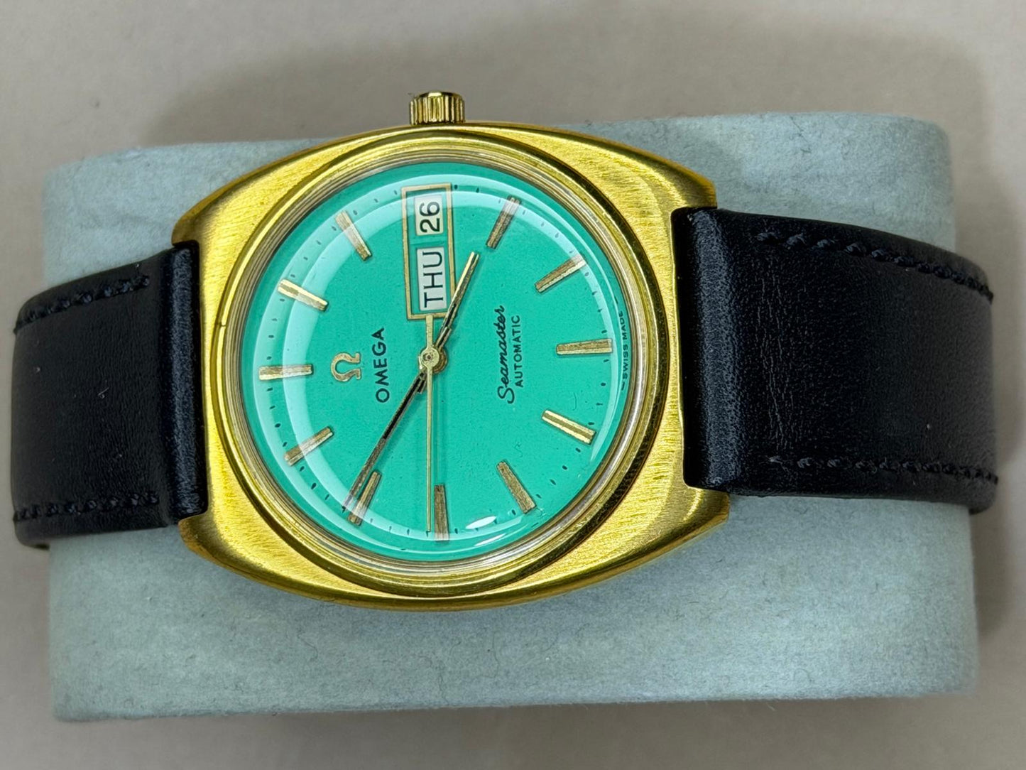 OMEGA Seamaster Automatic Day-Date – Turquoise Dial, Gold-Tone Cushion Case