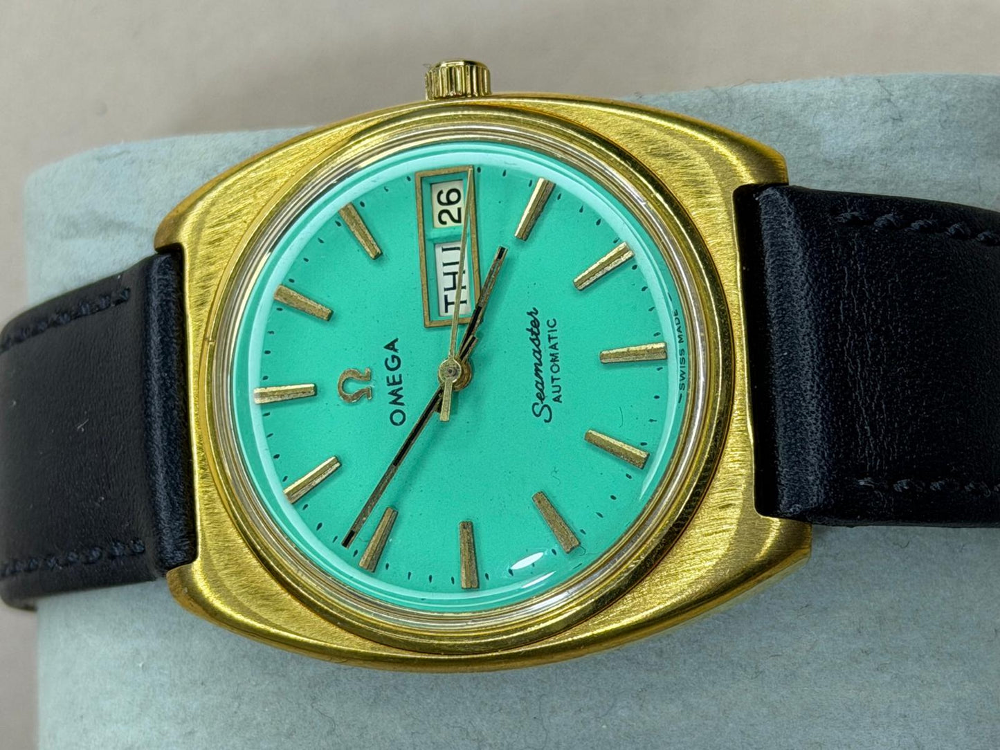OMEGA Seamaster Automatic Day-Date – Turquoise Dial, Gold-Tone Cushion Case