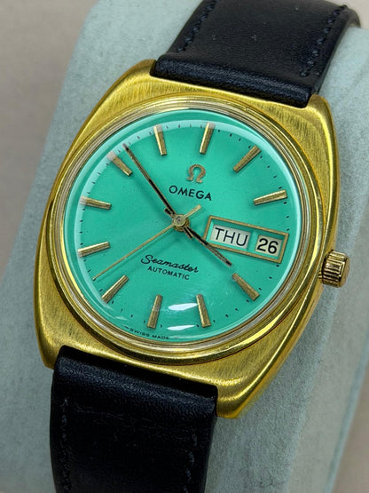 OMEGA Seamaster Automatic Day-Date – Turquoise Dial, Gold-Tone Cushion Case