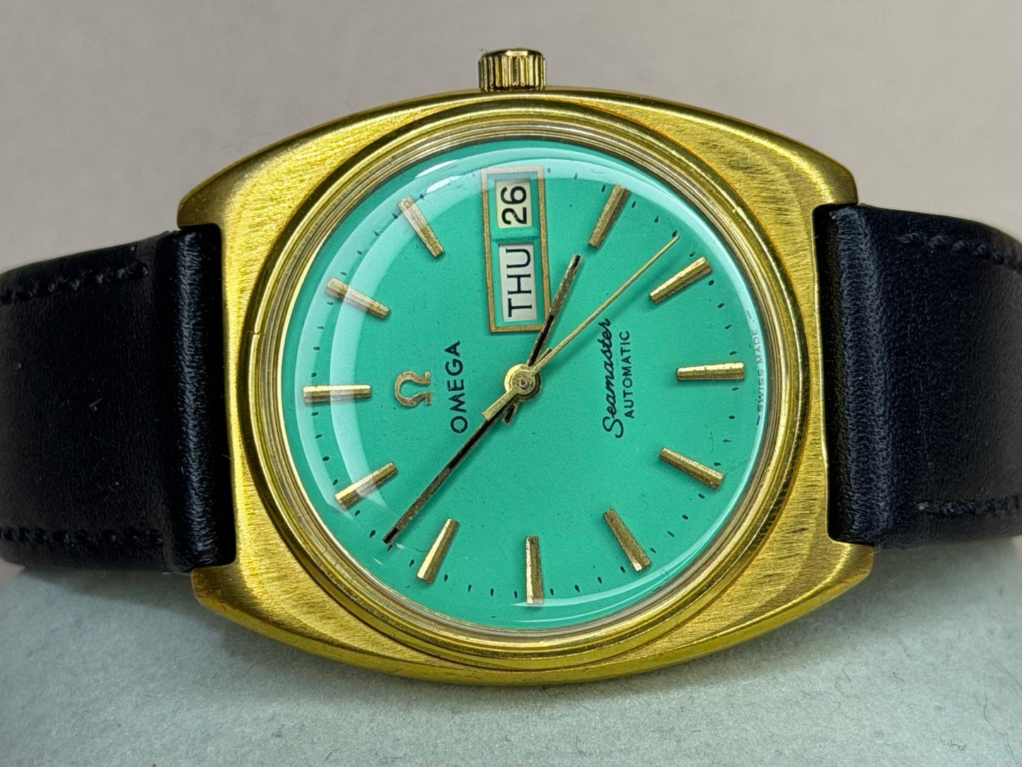 OMEGA Seamaster Automatic Day-Date – Turquoise Dial, Gold-Tone Cushion Case