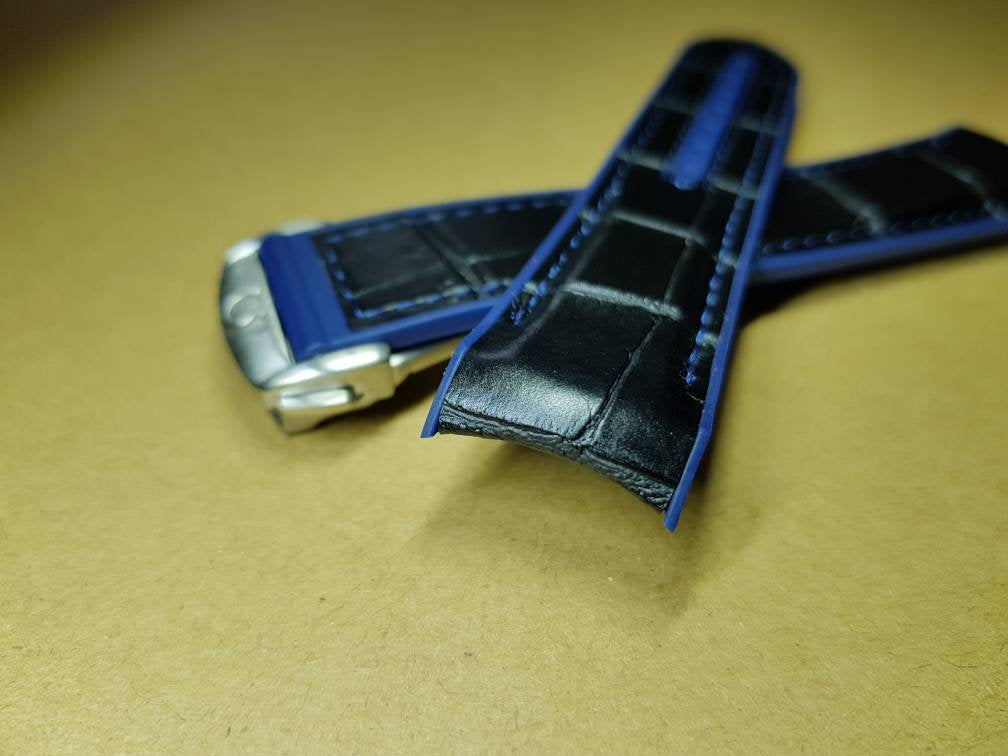 22mm omega rubber leather surface black blue strap omega Seamaster speedmaster james bond 007 planet ocean professional watch strap bracelet