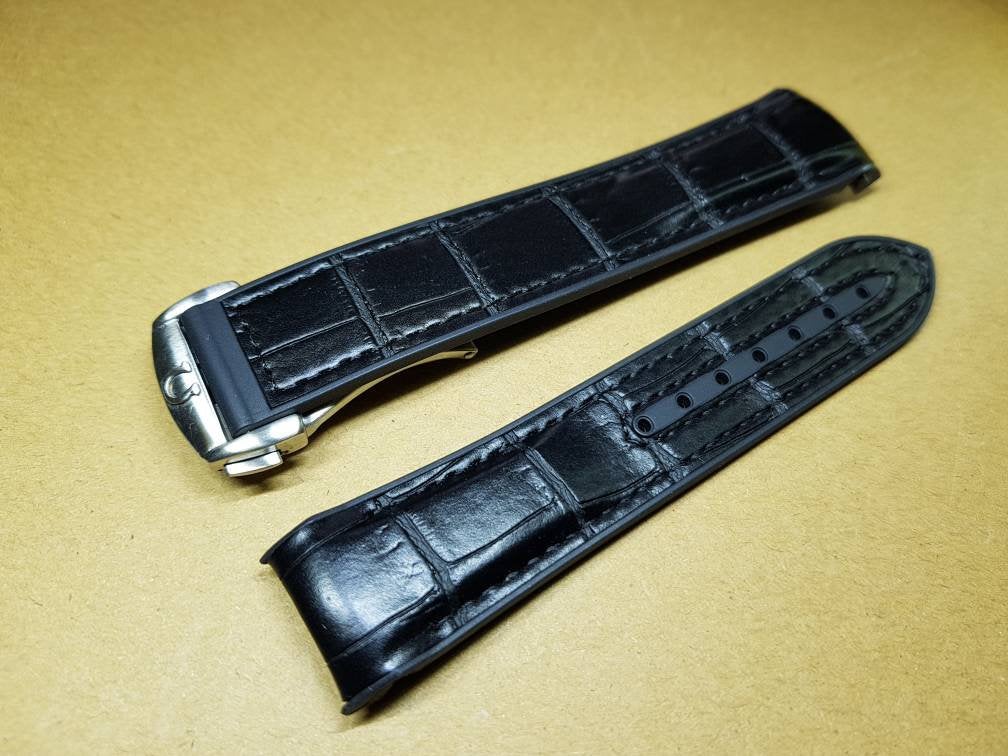 omega 22mm rubber croc leather surface black strap omega Seamaster speedmaster james bond 007 planet ocean professional watch strap bracelet